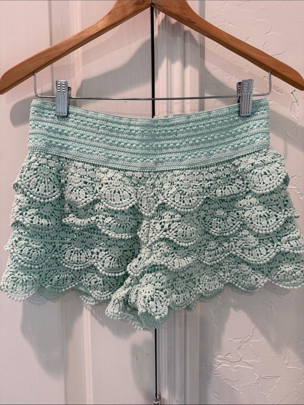 Rewind Mint Green Crochet Ruffle Shorts